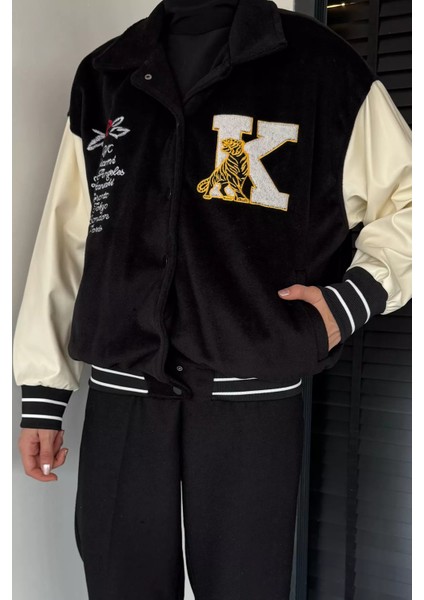 Kadın Deri Garnili Ön Çıtçıtlı Çıkartma Baskılı Ceket P-00018888 modelleri