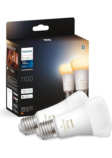Huewa 8-75W Beyaz Ambiyans Akıllı E27 LED Ampul 2'li Ekopaket, Bluetooth Özellikli