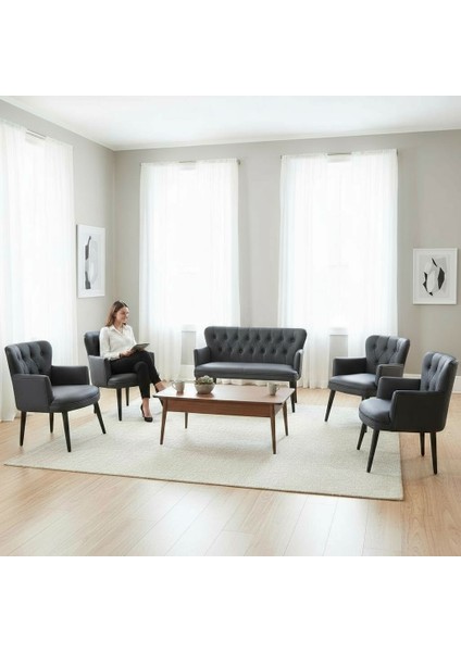 Ahşap Ayaklı Kollu Deri Ofis Koltuk Takımı Büro Koltukları - 2+1+1+1+1