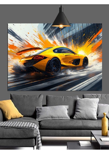 Hızlı Sarı Spor Araba Dekoratif Kanvas - Mdf Ahşap Tablo