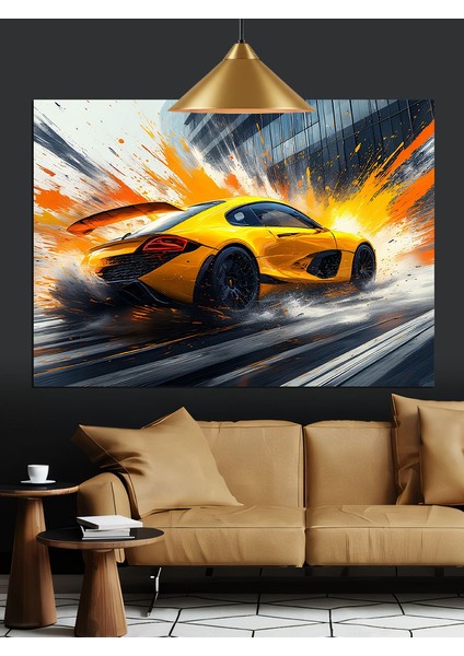 Hızlı Sarı Spor Araba Dekoratif Kanvas - Mdf Ahşap Tablo indirimleri