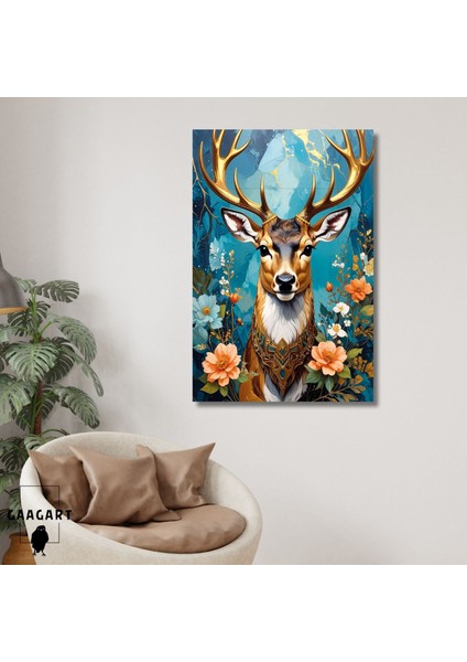 Tekli Dikey Kanvas Tablo Çiçekler Mavi Fon ve Geyik Portresi