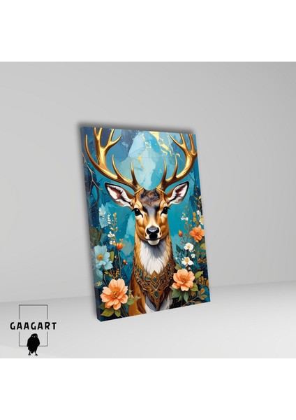 Tekli Dikey Kanvas Tablo Çiçekler Mavi Fon ve Geyik Portresi fiyatları