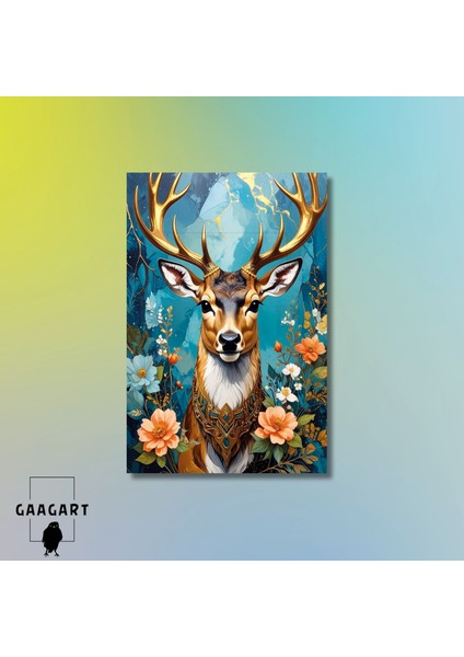 Tekli Dikey Kanvas Tablo Çiçekler Mavi Fon ve Geyik Portresi modelleri