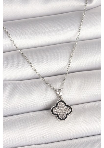 Bfs 316L Çelik Gümüş Renk Zincir Zirkon Taşlı Yonca Model Kadın Kolye