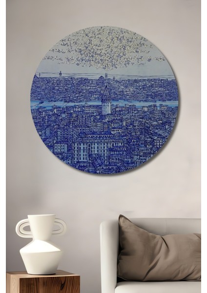 Dekoratif Ahşap Yuvarlak Tablo Galata Kulesi Manzarası