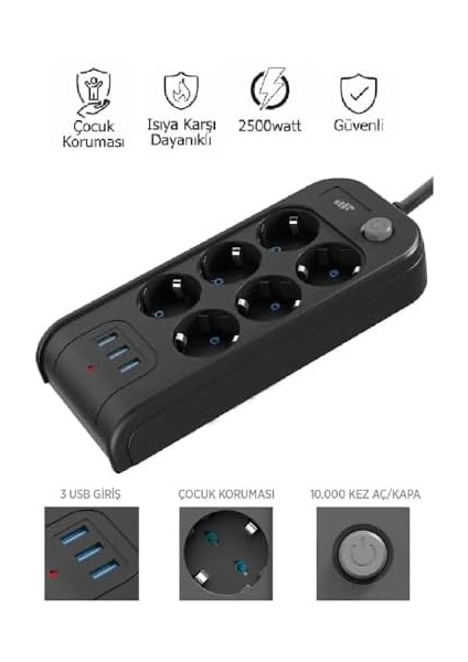Wlue Çoklu Priz, 6&apos;lı, 3 USB Port 3.4A, 2500W, 2m Kablo, Akım ve Çocuk Korumalı, Anahtarlı, Siyah fiyatları