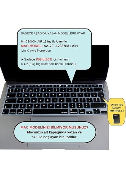 Macbook Air M1 13INÇ Klavye Koruyucu Kılıf Touchıd'li (Uk-Eu Ingilizce) A2337 A2179 ile Uyumlu Siyah fiyatları