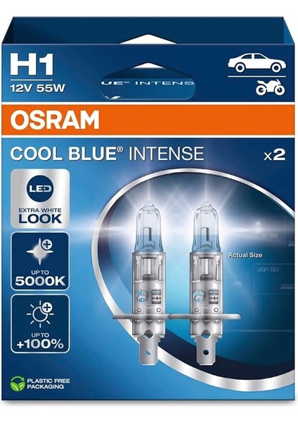 H1 Cool Blue Intense Far Lambası, 12V 55W, 5000K LED Beyaz Işık, 2'li Paket
