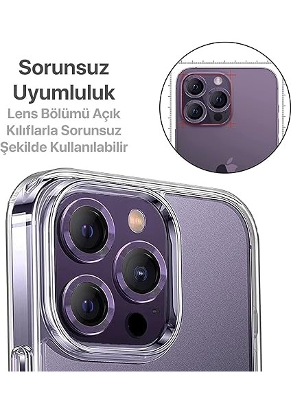 iPhone 15 Pro - 15 Pro Max / 14PRO - 14PROMAX Modellerinin Tümüne Uyumlu Alüminyum Alaşım Çerçeveli ve 9h Sertliğinde Temperli Camlı Lens Koruyucu (Mor) modelleri