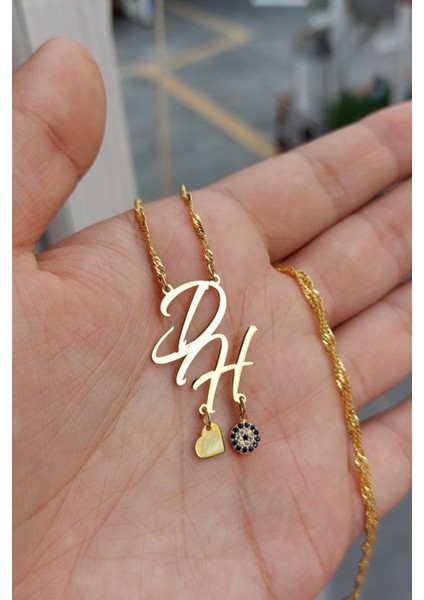 925 Ayar Gümüş 24 Ayar Altın Kaplama Kalp ve Nazar Boncuklu Harf Kolye