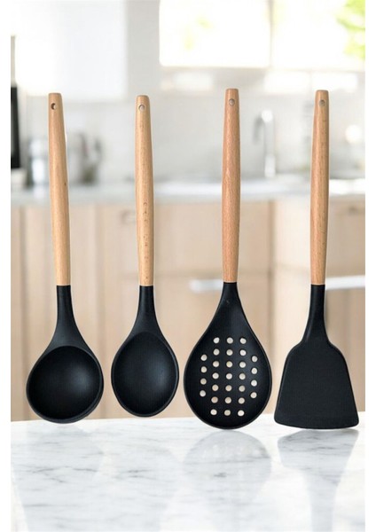 Silikon Bambu Saplı 4 Parça Mutfak Servis Seti (Kepçe-Kaşık-Kevgir-Spatula) Syh