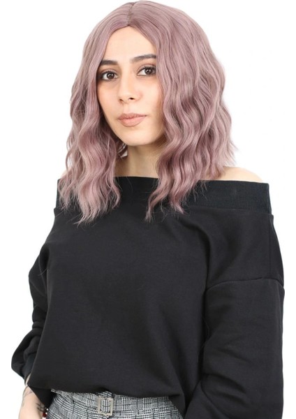 Fiber Sentetik Kısa Dalgalı Perçemsiz Peruk - Gül Kurusu