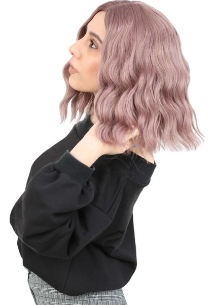 Fiber Sentetik Kısa Dalgalı Perçemsiz Peruk - Gül Kurusu modelleri