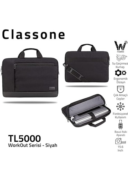 TL5000 Workout 15.6" Su Geçirmez Kumaş ,macbook Mac Air, Notebook, Laptop El Çantası-Siyah modelleri