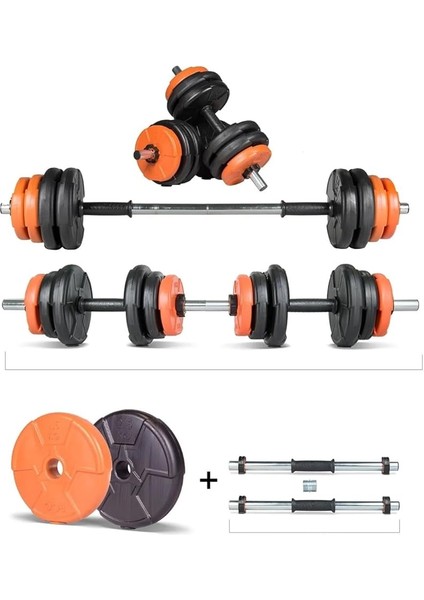 17 kg Multifonksiyonel Turuncu Siyah Halter Seti ve Dambıl Seti