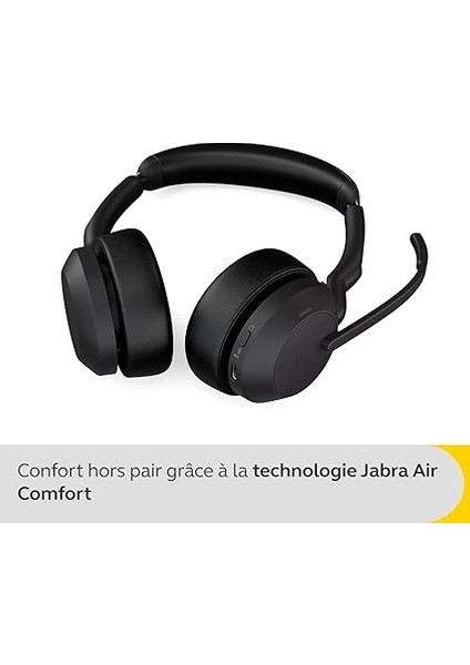 Evolve2 55 Stereo Kablosuz Kulaklık Jabra Air Comfort Teknolojisi, Gürültü Önleyici Mikrofonlar ve Aktif Gürültü Önleme - Ms Teams Sertifikalı, Diğer Tüm Platformlarla Çalışır - Siyah modelleri