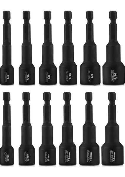 10250A Manyetik Altıgen Somun Anahtarı Master Kit, Cr-V Çelik, 6,35 mm Hızlı Değiştirme Altıgen Şaft, Sae ve Metrik, 12 Parçalı Set