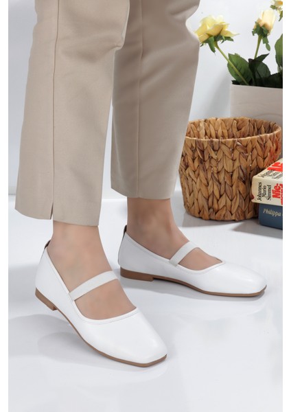 Beyaz Kare Burunlu Balerin Kadın Babet modelleri