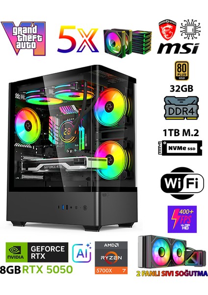 Gta-Vı Power X7 ♛ Ryzen 7 5700X 32GB Ram 1tb M.2 Nvme SSD 8gb Gddr7 RTX5050 Ekran Kartı Premium Masaüstü Bilgisayar