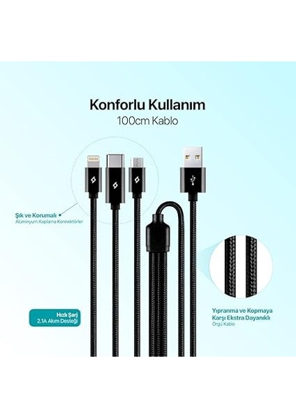 Alumicable Trio Şarj Kablosu 1mt. Type-C, Lightning, Micro USB fiyatları