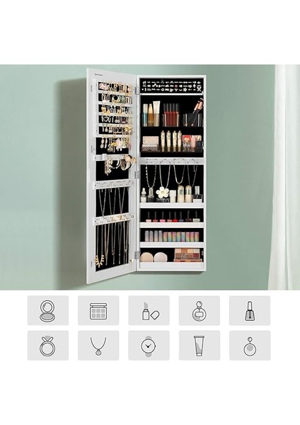 Asma Mücevher Dolabı, Asma Dolap, Kilitlenebilir Aynalı Dolap, Çerçevesiz Tam Boy Aynalı Duvar Dolabı ve 2 Ayrı Makyaj Malzemeleri Düzenleyicili, Kolyeler, Küpeler Için, Beyaz JJC001W01 modelleri