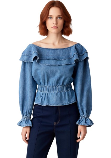 Kadın Carmen Yaka Fırfırlı Denim Bluz Şık ve Rahat Günlük Stil Kaliteli Şık Rahat Modern Zarif modelleri