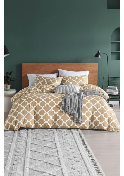Honeycomb Beige Ranforce %100 Pamuk Çift Kişilik Nevresim Takımı Lastikli Çarşaflı