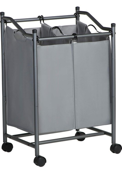 Çamaşır Ayırıcı, Tekerlekli ve 2 Bölmeli, Çamaşır Sepeti, Çantalı Çamaşır Arabası, Toplam Kapasite 90 L, Gri, LSF002GS