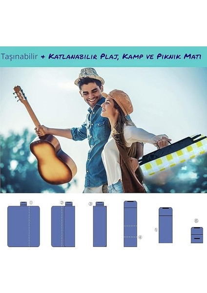 Plaj Havlusu, Piknik Örtüsü, Plaj Matı, Çantalı Plaj Hasırı,kamp Battaniyesi, Kamp Matı, Katlanabilir, Hafif, Su Geçirmez, Kum Geçirmez (Beyaz-Sarı Kare) modelleri