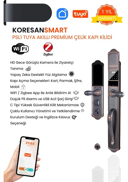 Tuya Akıllı Premium Çelik Kapı Kilidi - Yüz Tanıma - Parmak Izi - Wifi - Parola - Psl1 Model fiyatları
