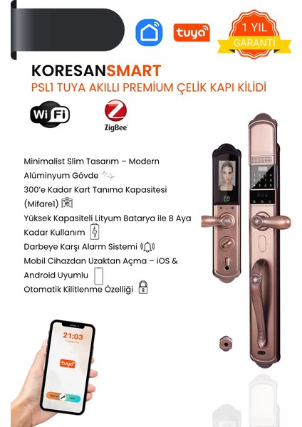 Tuya Akıllı Premium Çelik Kapı Kilidi - Yüz Tanıma - Parmak Izi - Wifi - Parola - Psl1 Model modelleri