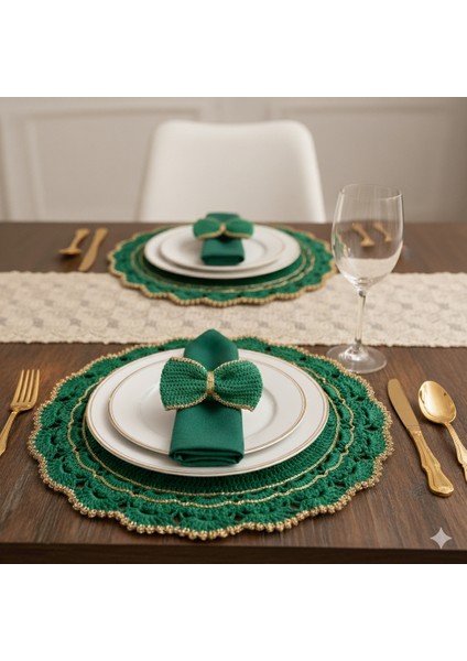 Yeşil ve Gold Detaylı Tığ Işi Yılbaşı 2 Adet Amerikan Servis ve Peçete Yüzüğü Seti