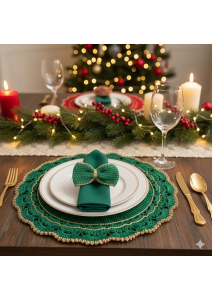 Yeşil ve Gold Detaylı Tığ Işi Yılbaşı 2 Adet Amerikan Servis ve Peçete Yüzüğü Seti