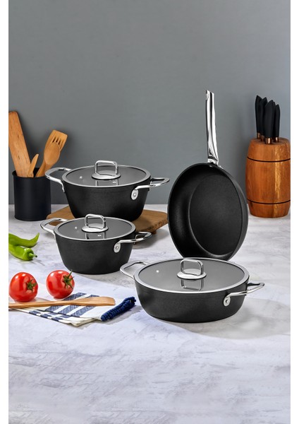 Quatro Döküm Granit 7 Parça Tencere ve Tava Seti Siyah