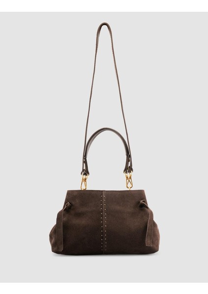 Metal Sap Detaylı Kahverengi Süet Kadın Çantası