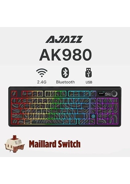 AK980 Kablosuz Hot-Swap Tft Ekranlı Mekanik Oyun Klavyesi 8.000 Mah Batarya Siyah - Maillard Switch fiyatları