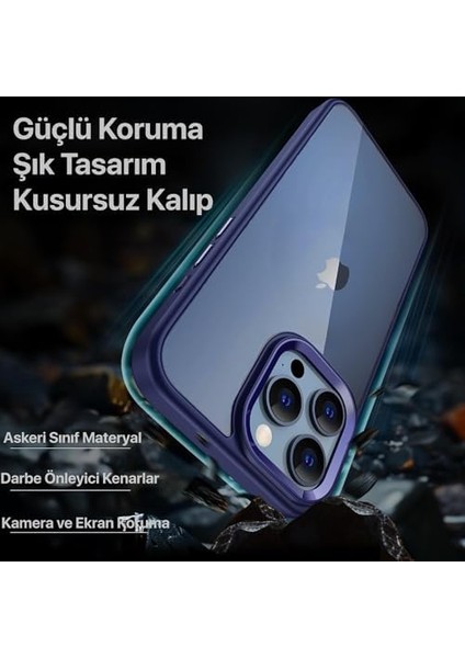 15 Pro Için Hybrid Serisi Arkası Kristal Şeffaf Polikarbonat Kenarları Silikon Kamera Lens Çerçevesi ve Tuşları Metal Yüksek Kalite Şeffaf Silikon Kılıf (Mavi, Klasik) modelleri
