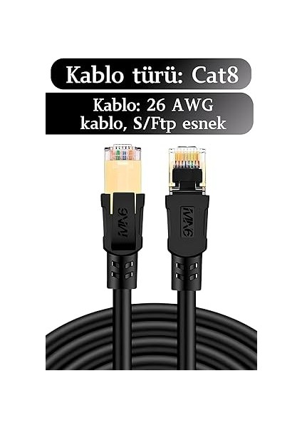 M110XF Cat8 Kablo/10 METRE/40GBPS-2000MHZ-26 Awg-S/ftp-Cat8 Ethernet Kablosu (M110XF Cat8, Sıyah, 10 Metre) modelleri