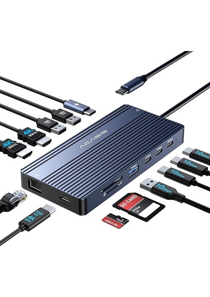 Usb-C Yerleştirme Istasyonu, Çift Monitör, HDMI 4K @ 60 Hz, 14'ü 1 Arada Dizüstü Bilgisayar Yuvası, 10 Gbit/s (Usb-C Video + Veri, 3 x USB C, USB A) Ethernet, 100 W Pd, Sd/tf, 3,5 mm Ses