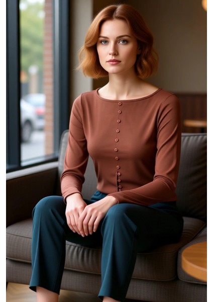 Kadın Fitted Bisiklet Yaka Uzun Kollu Düğmeli Haki Renk Esnek Dokuma Bluz Günlük Kış Modası Için fiyatları