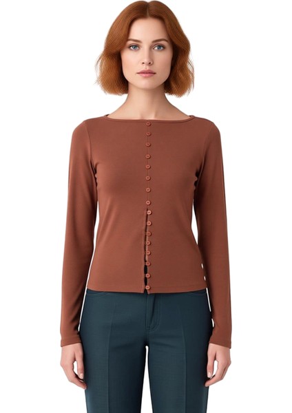 Kadın Fitted Bisiklet Yaka Uzun Kollu Düğmeli Haki Renk Esnek Dokuma Bluz Günlük Kış Modası Için modelleri