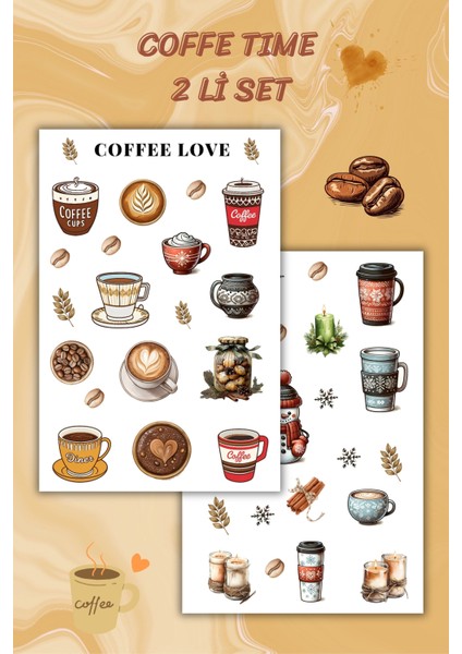 2 'li Kahve Temalı Sticker Etiket Seti - Coffee Sticker - Laptop Notebook Telefon
