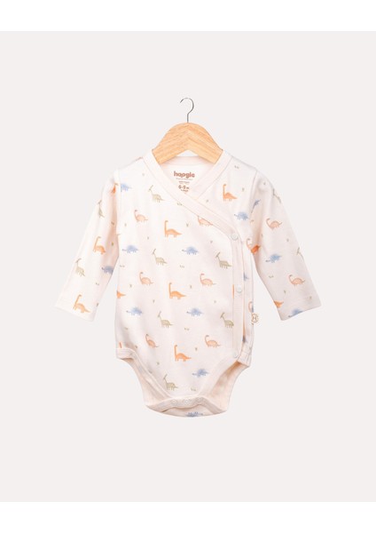 %100 Organik Pamuk Gots Sertifikalı Kruvaze Dinozor Desenli Bebek & Yenidoğan Body - Ekru