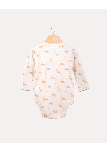 %100 Organik Pamuk Gots Sertifikalı Kruvaze Dinozor Desenli Bebek & Yenidoğan Body - Ekru fiyatları