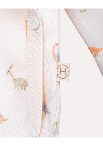 %100 Organik Pamuk Gots Sertifikalı Kruvaze Dinozor Desenli Bebek & Yenidoğan Body - Ekru modelleri