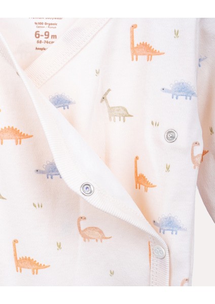 %100 Organik Pamuk Gots Sertifikalı Kruvaze Dinozor Desenli Bebek & Yenidoğan Body - Ekru fırsatları