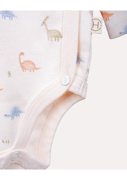 %100 Organik Pamuk Gots Sertifikalı Kruvaze Dinozor Desenli Bebek & Yenidoğan Body - Ekru indirimleri