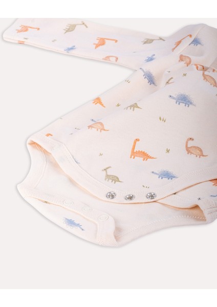 %100 Organik Pamuk Gots Sertifikalı Kruvaze Dinozor Desenli Bebek & Yenidoğan Body - Ekru