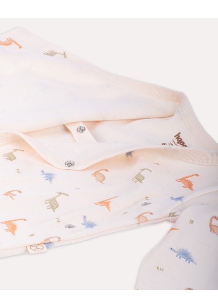 %100 Organik Pamuk Gots Sertifikalı Kruvaze Dinozor Desenli Bebek & Yenidoğan Body - Ekru